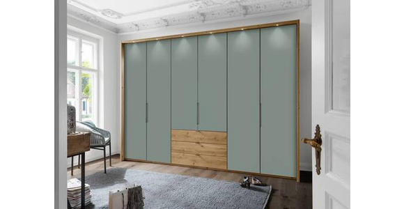 DREHTÜRENSCHRANK in Salbeigrün, Eiche Bianco - Schieferfarben/Eiche Bianco, Design, Holzwerkstoff/Metall (300/216/58cm) - Novel