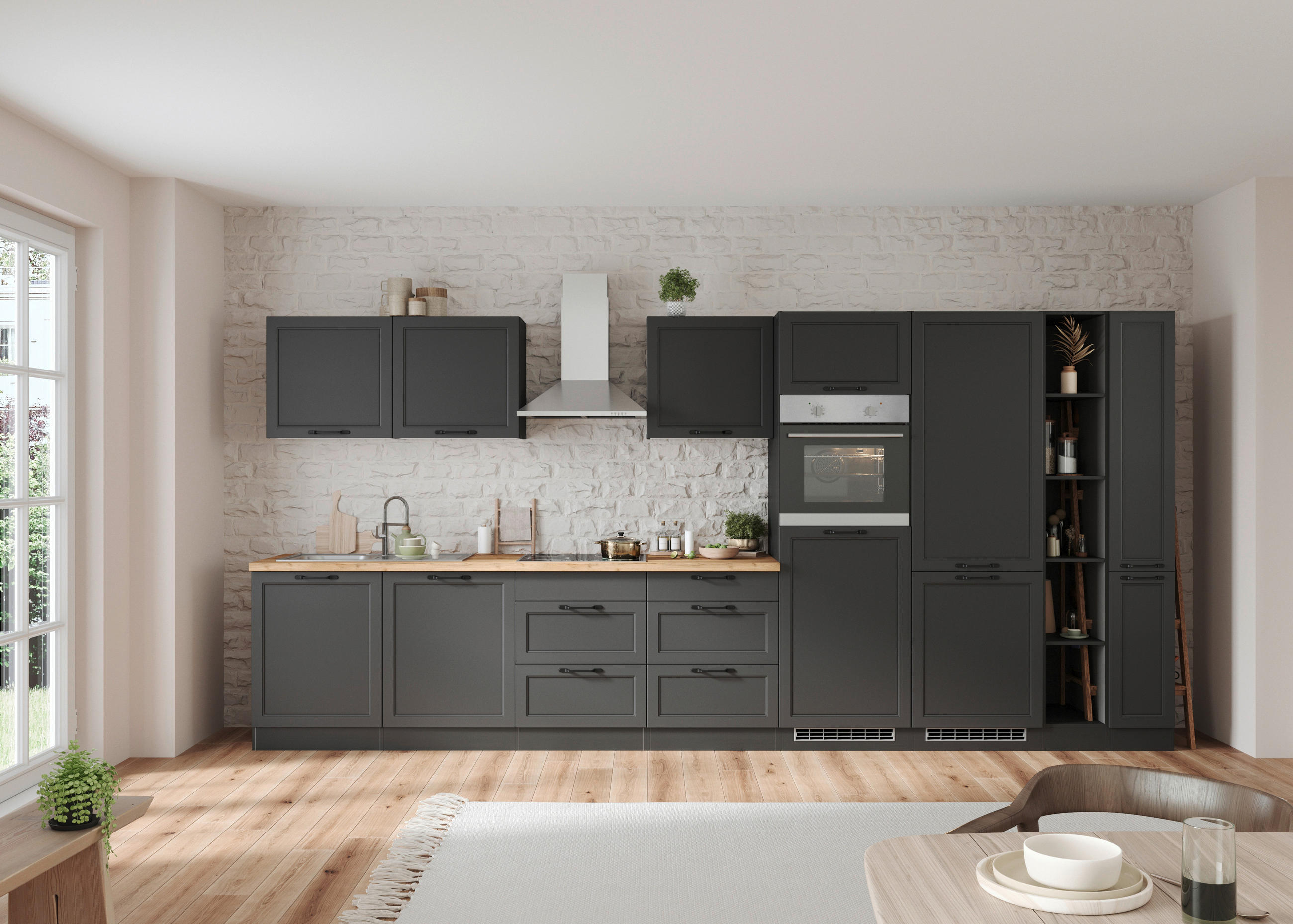 KÜCHENBLOCK 420 cm   in Grau, Eiche Wotan  - Eiche Wotan/Schwarz, LIFESTYLE, Holzwerkstoff/Metall (420cm) - Held