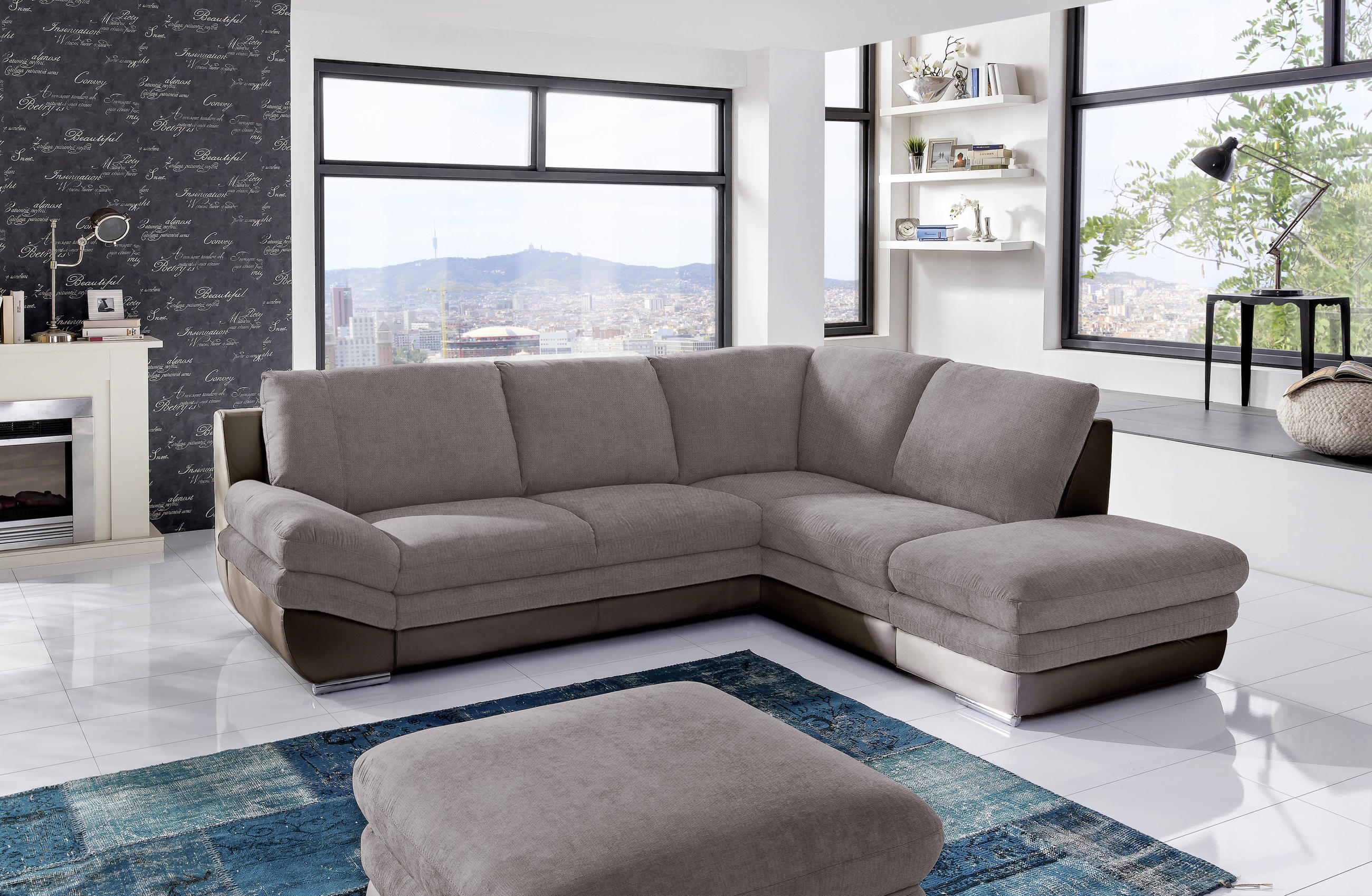 Thumbnail - Mid.you Wohnlandschaft, Taupe, Dunkelbraun, Textil, Ottomane rechts, L-Form, 264x221 cm, Wohnzimmer, Sofas & Couches, Wo...