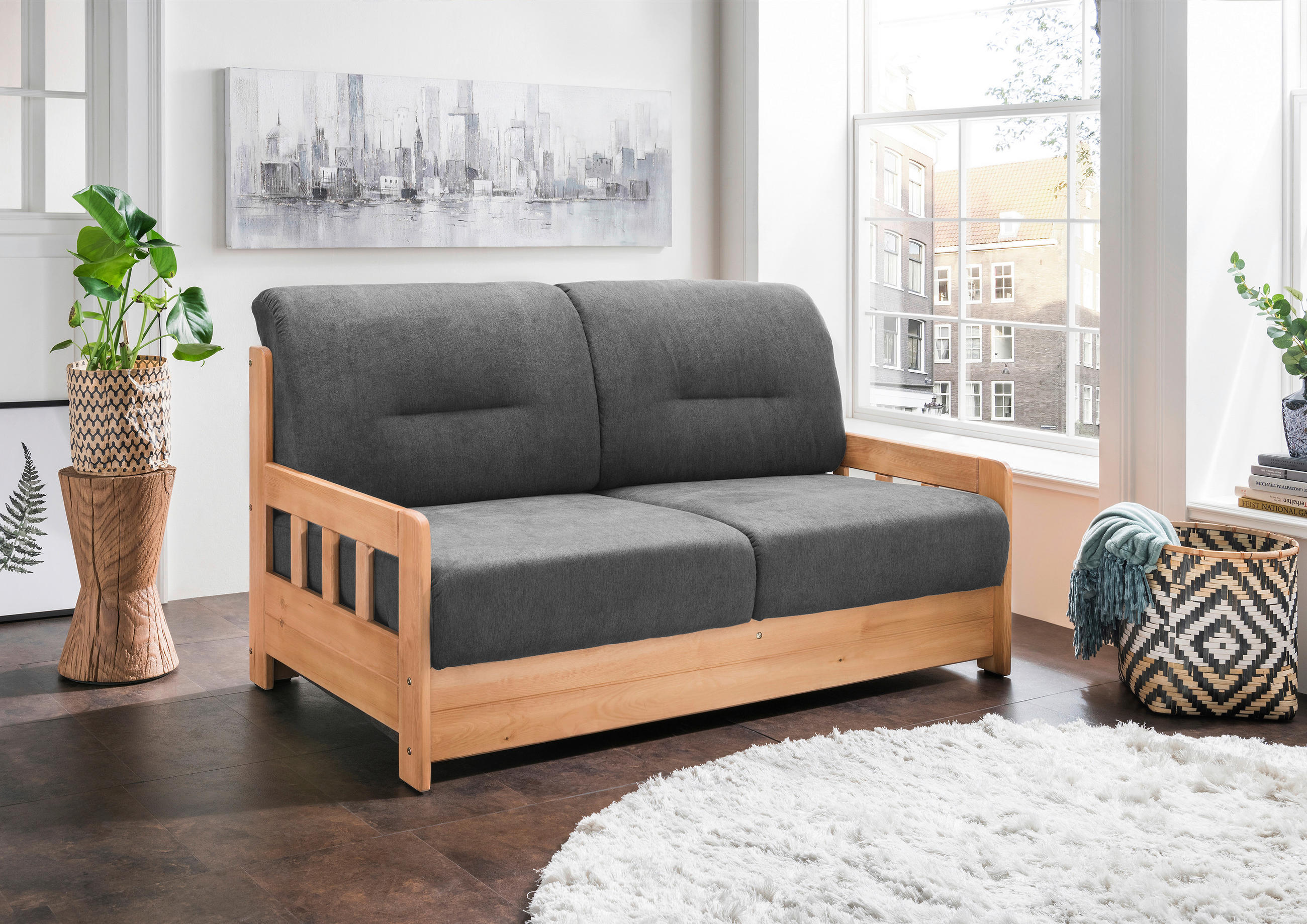 SCHLAFSOFA  in Mikrofaser Anthrazit, Kieferfarben  - Anthrazit/Kieferfarben, KONVENTIONELL, Holz/Textil (154/88/90cm) - Livetastic