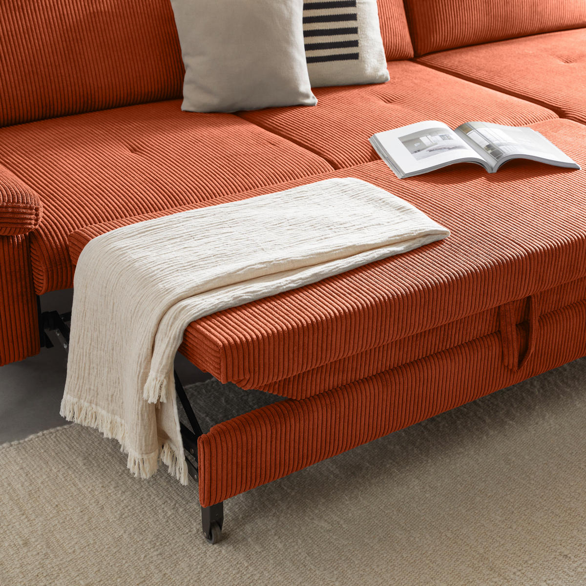 ECKSOFA in Cord, Velours Terracotta  - Terracotta/Schwarz, MODERN, Textil/Metall (180/302cm) - Venda
