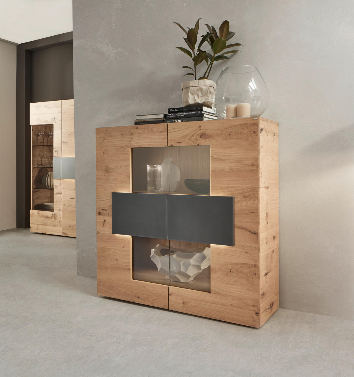 HIGHBOARD  in 128,2/131,2/43,5 cm  - Eichefarben/Anthrazit, Natur, Glas/Holz (128,2/131,2/43,5cm) - Voglauer