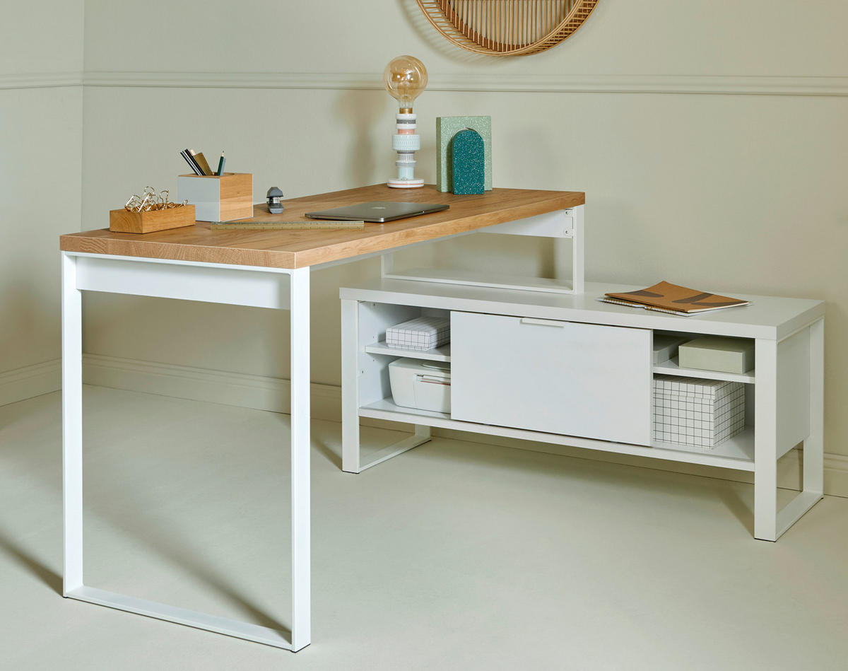 SCHREIBTISCH 147/120/76 cm  in Weiss, Eichefarben  - Weiss/Eichefarben, Konventionell, Holzwerkstoff/Metall (147/120/76cm) - Livetastic
