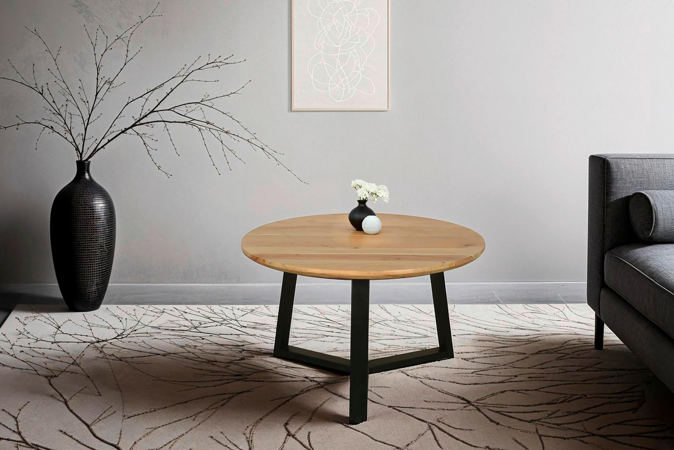COUCHTISCH Akazie massiv rund Schwarz, Akaziefarben  - Schwarz/Akaziefarben, Design, Holz/Metall (75/46/75cm) - MID.YOU