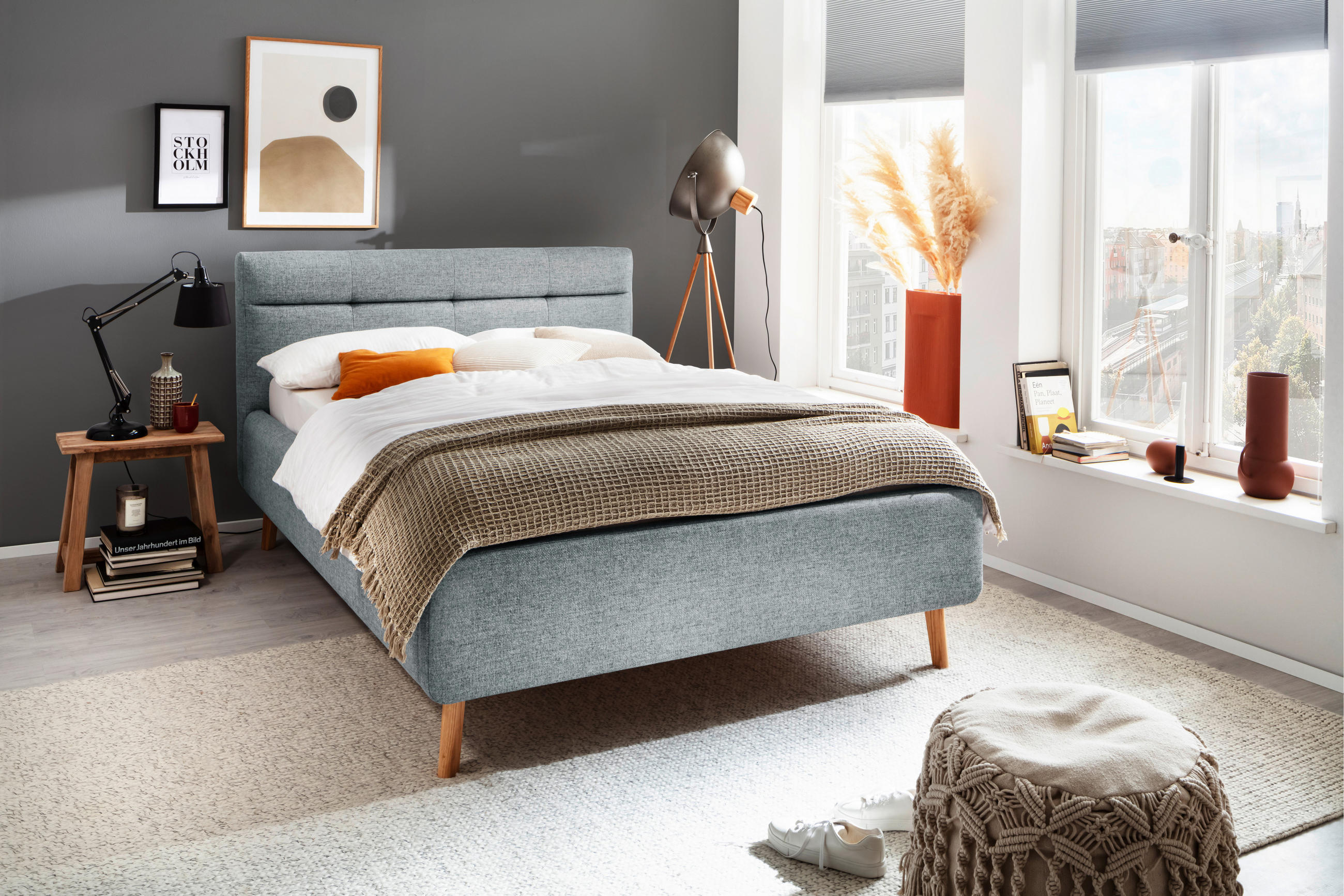 POLSTERBETT 140/200 cm  in Pastellblau  - Pastellblau/Eichefarben, Konventionell, Holz/Textil (140/200cm) - Boxxx
