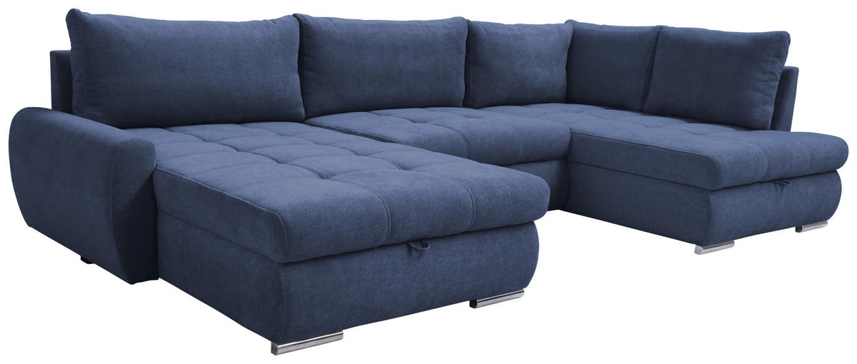ECKSOFA  in Velours Dunkelblau  - Chromfarben/Dunkelblau, Design, Kunststoff/Textil (174/322/173cm) - Livetastic