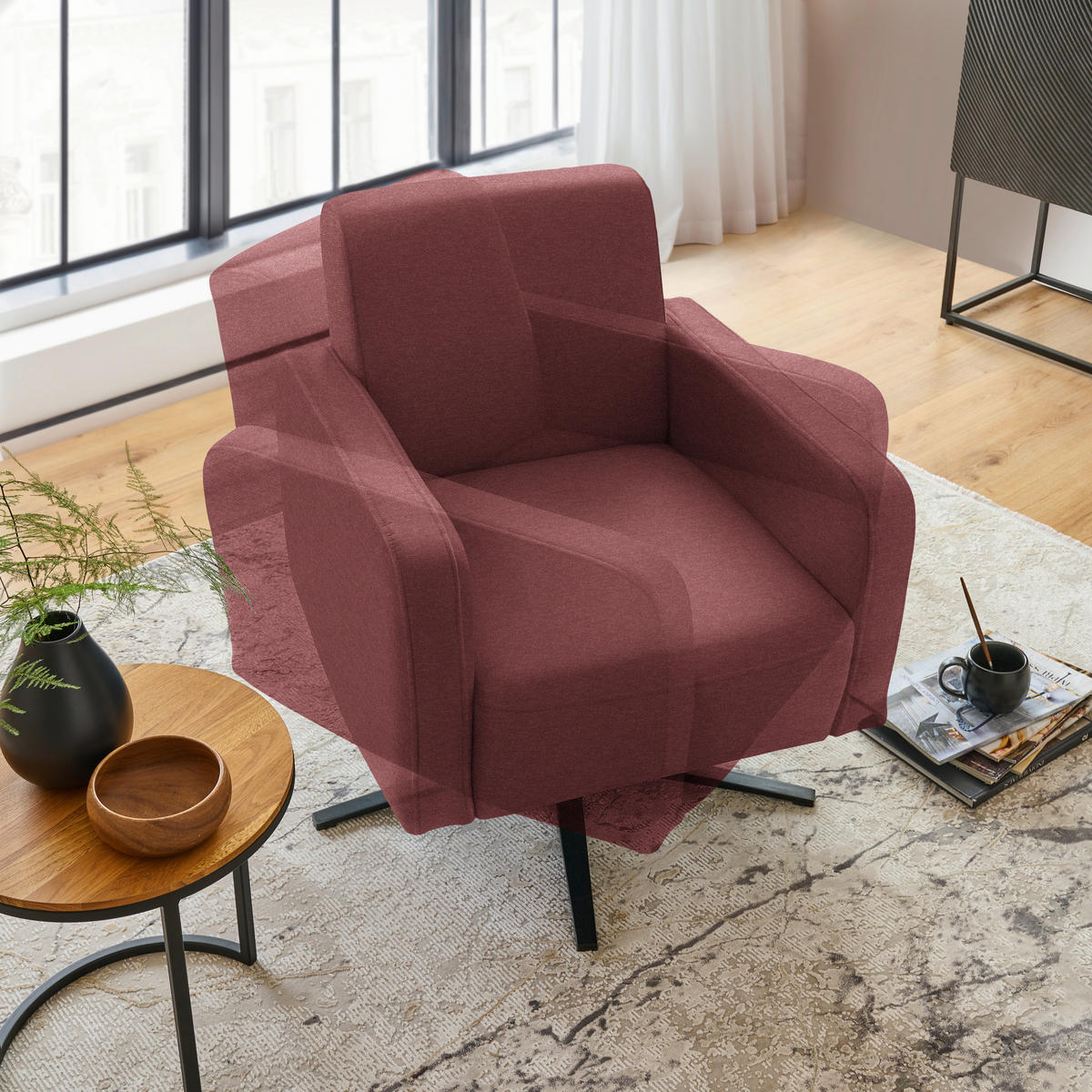 DESIGNSESSEL in Flachgewebe Bordeaux  - Bordeaux/Schwarz, Design, Textil/Metall (73/84/82cm) - Johann Jakob
