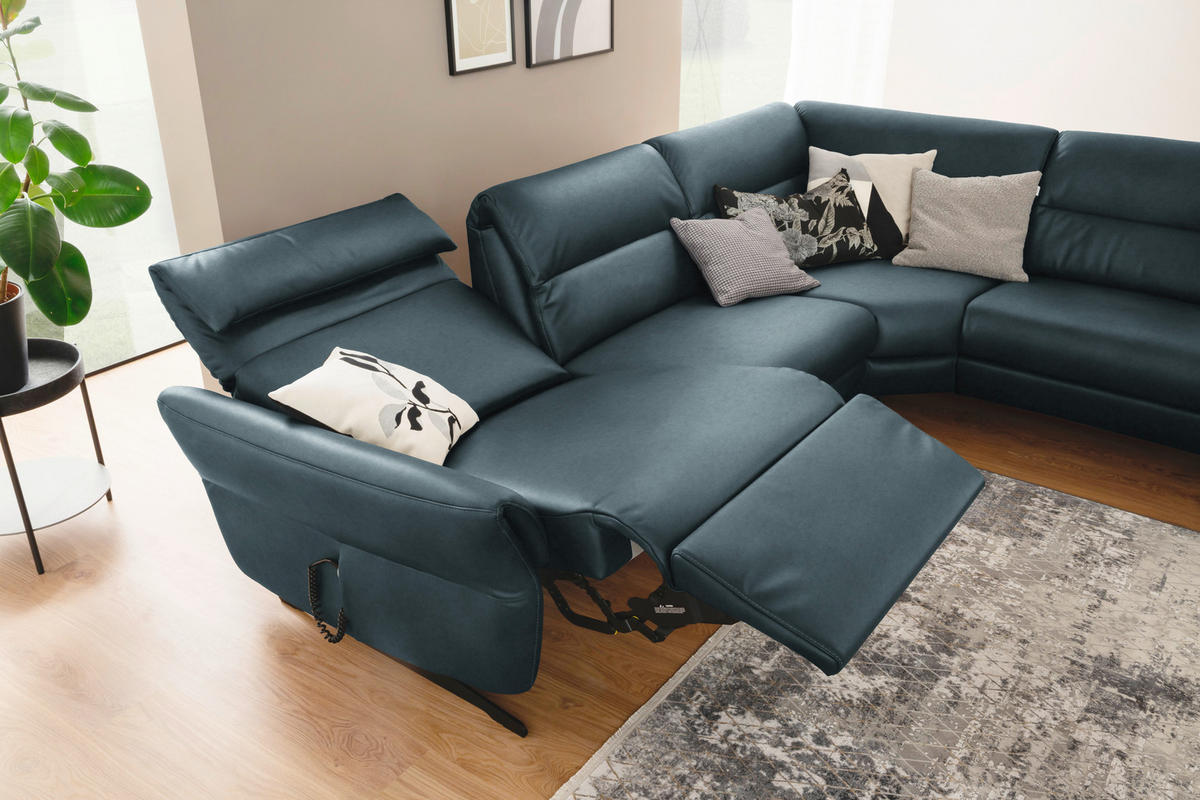 ECKSOFA Blaugrau Echtleder  - Blaugrau/Schwarz, Design, Leder/Metall (286/258cm) - Schöner Wohnen