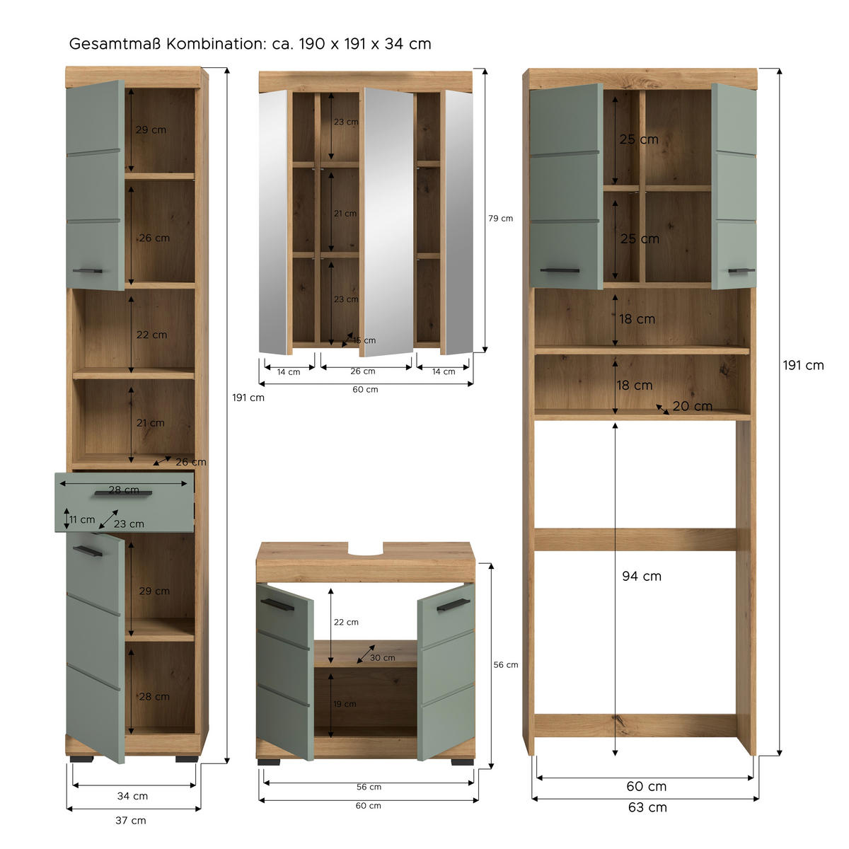 BADEZIMMER 4-teilig  in 180 cm  - Schwarz/Eiche Artisan, MODERN, Glas/Holzwerkstoff (180cm) - MID.YOU