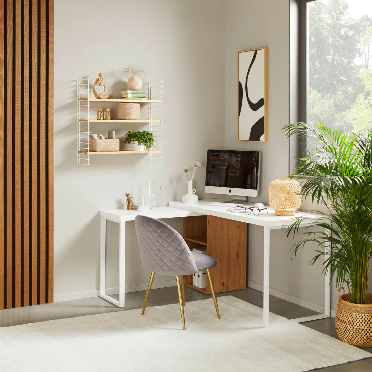 KOTNA PISALNA MIZA kovina, leseni material bela, barve hrasta  - barve hrasta/bela, Moderno, kovina/leseni material (140/60/75cm) - MID.YOU