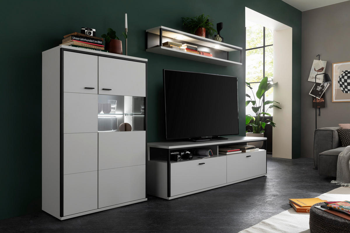 WOHNWAND  in Schwarz, Weiss 278/199/51 cm  - Weiss/Schwarz, Design, Glas/Holzwerkstoff (278/199/51cm) - Stylife