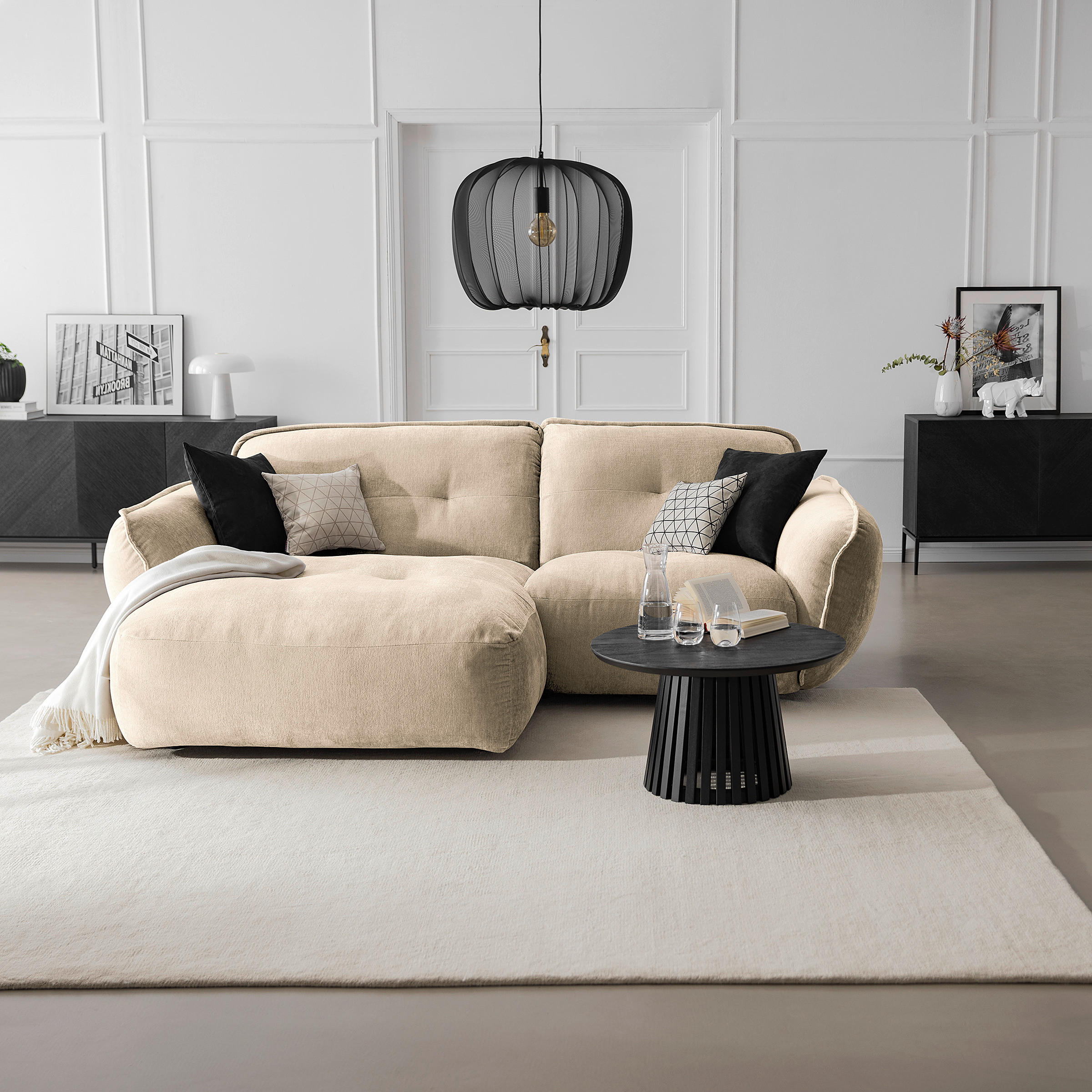 ECKSOFA in Chenille Creme  - Creme/Schwarz, Modern, Kunststoff/Textil (184/269cm) - Trendmanufaktur