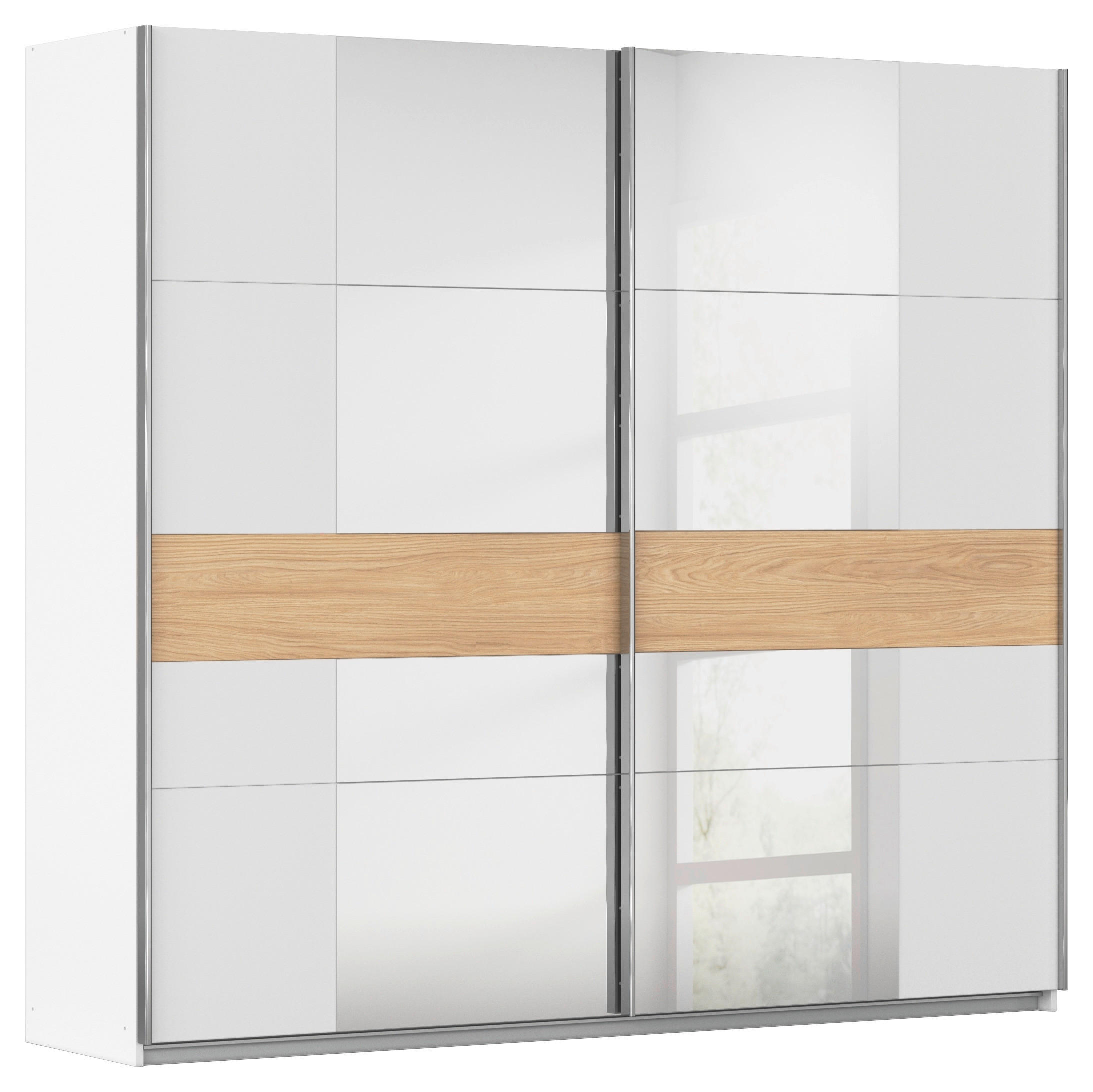 SCHWEBETÜRENSCHRANK 225/210/57 cm 2-türig Weiß, Eichefarben  - Chromfarben/Eichefarben, KONVENTIONELL, Holzwerkstoff/Metall (225/210/57cm) - Rauch Möbel
