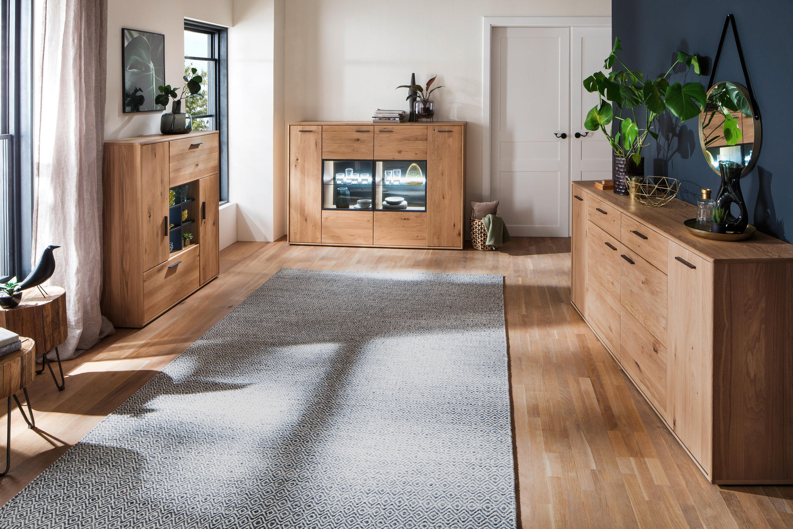 HIGHBOARD Gaborone  in 184/123/37 cm  - Eichefarben/Anthrazit, Design, Glas/Holz (184/123/37cm) - Livetastic