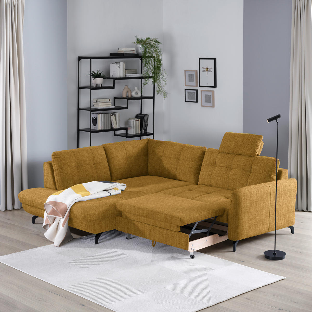 ECKSOFA in Flachgewebe, Leinenoptik Currygelb  208/247 cm  - Currygelb/Schwarz, Design, Textil/Metall (208/247cm) - Xora