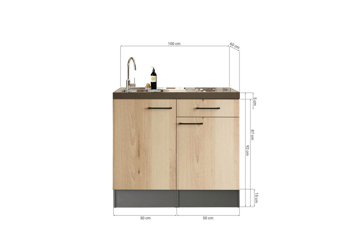 MINIKÖK 100 cm   i grå, ek Artisan  - svart/grå, Trend, metall/trämaterial (100cm) - Respekta