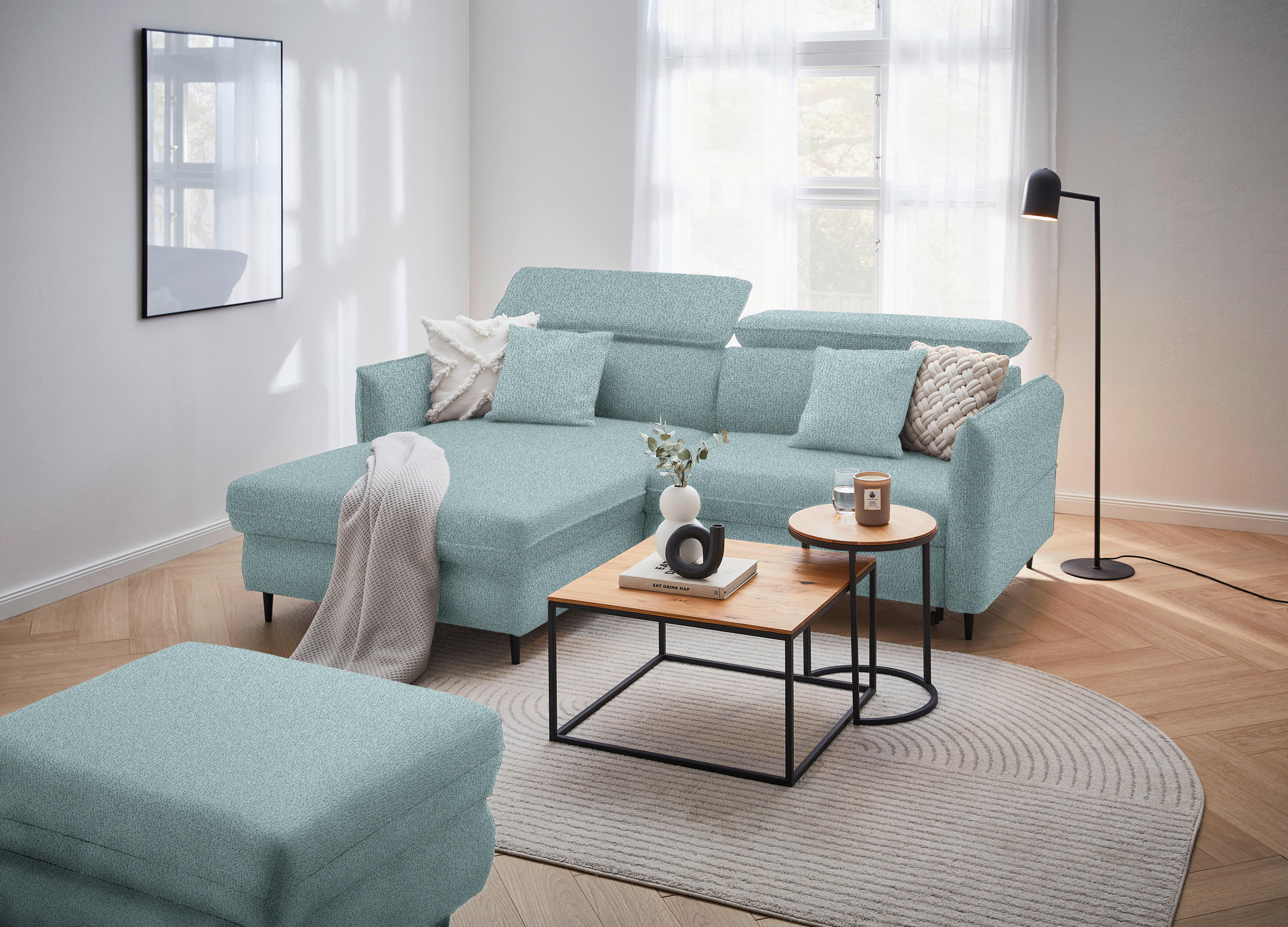 ECKSOFA inkl. Funktionen Hellblau Flachgewebe  - Schwarz/Hellblau, Design, Holz/Textil (185/232cm) - Stylife