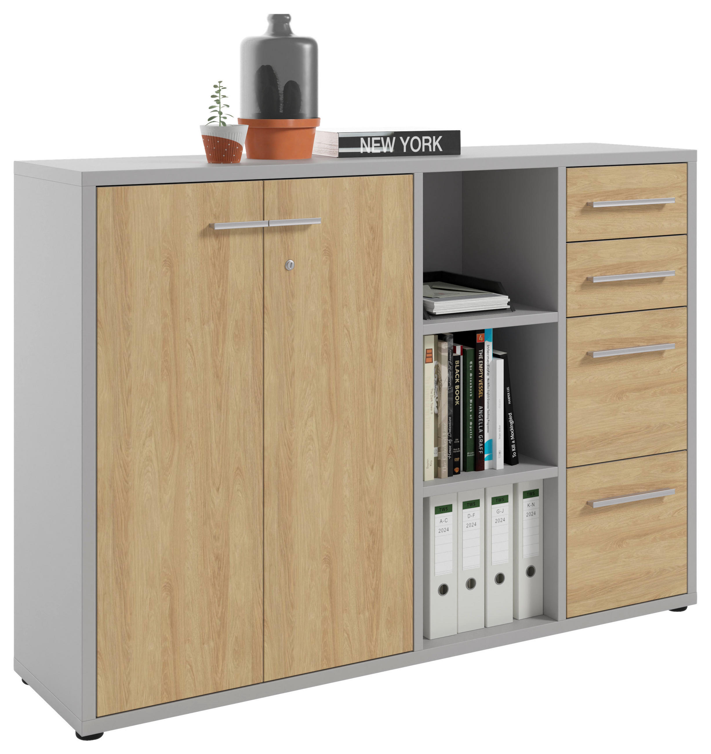 Thumbnail - Novel Sideboard Texas, Hellgrau, Hickory, Metall, 4 Fächer, 4 Schublade(n) Schubladen, 154.9x110x40 cm, stehend, Wohnzim...