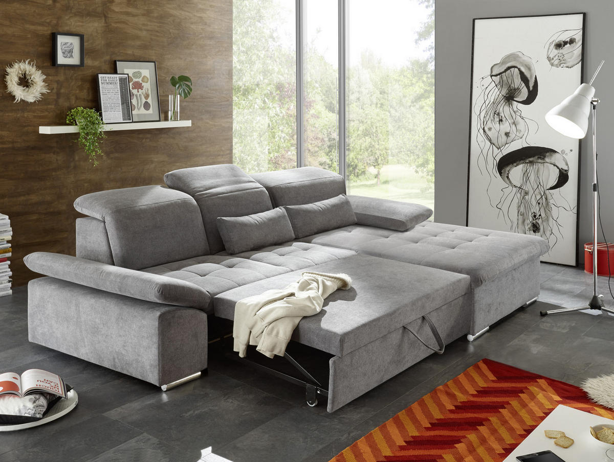 ECKSOFA Grau Mikrovelours  - Silberfarben/Grau, KONVENTIONELL, Kunststoff/Textil (276/188cm) - MID.YOU