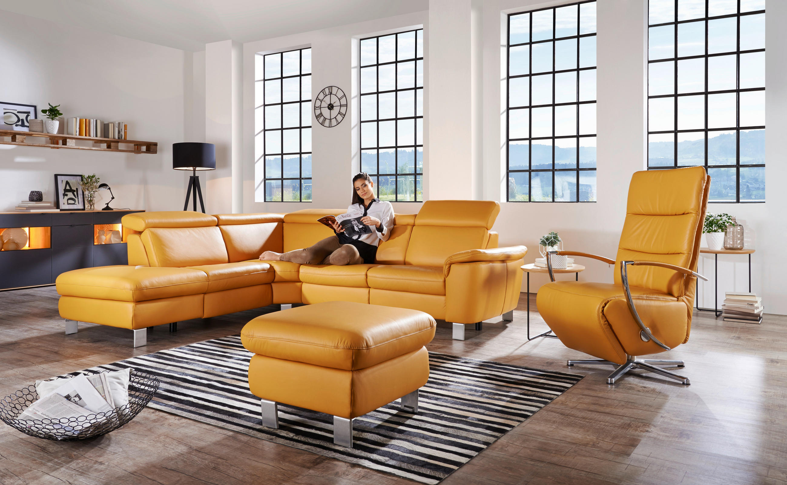 ECKSOFA Gelb Echtleder  - Gelb/Alufarben, Design, Leder/Metall (239/271cm) - Cantus