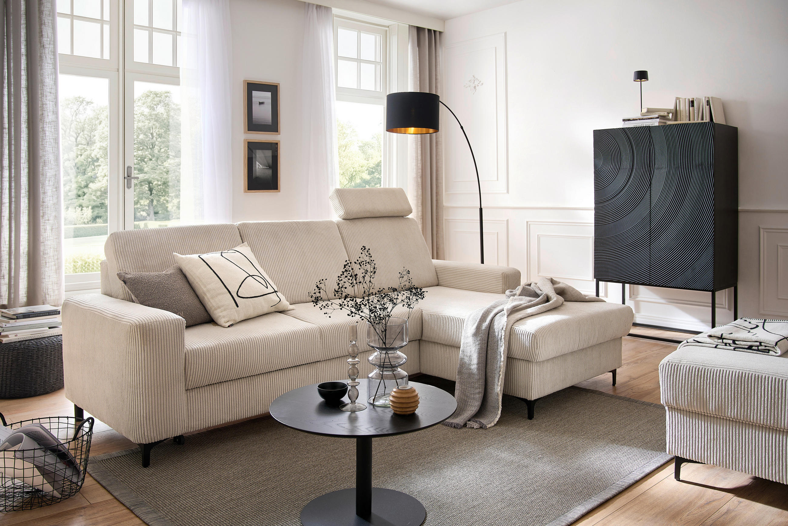 ECKSOFA in Cord Weiss, Perlmutt  - Weiss/Perlmutt, Konventionell, Textil/Metall (247/167cm) - Stylife
