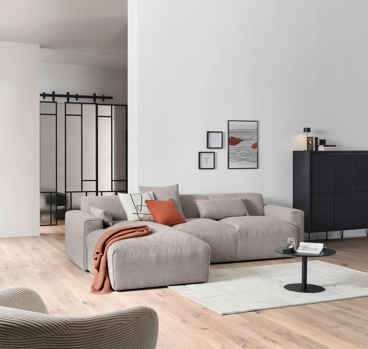 ECKSOFA in Cord Taupe  - Taupe/Schwarz, Design, Kunststoff/Textil (196/303cm) - Livetastic