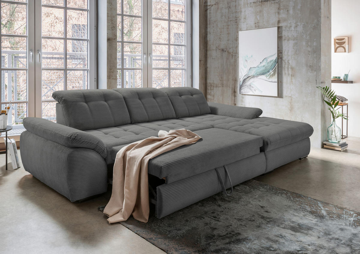 ECKSOFA Grau Cord  - Schwarz/Grau, MODERN, Textil/Metall (314/184cm) - Livetastic