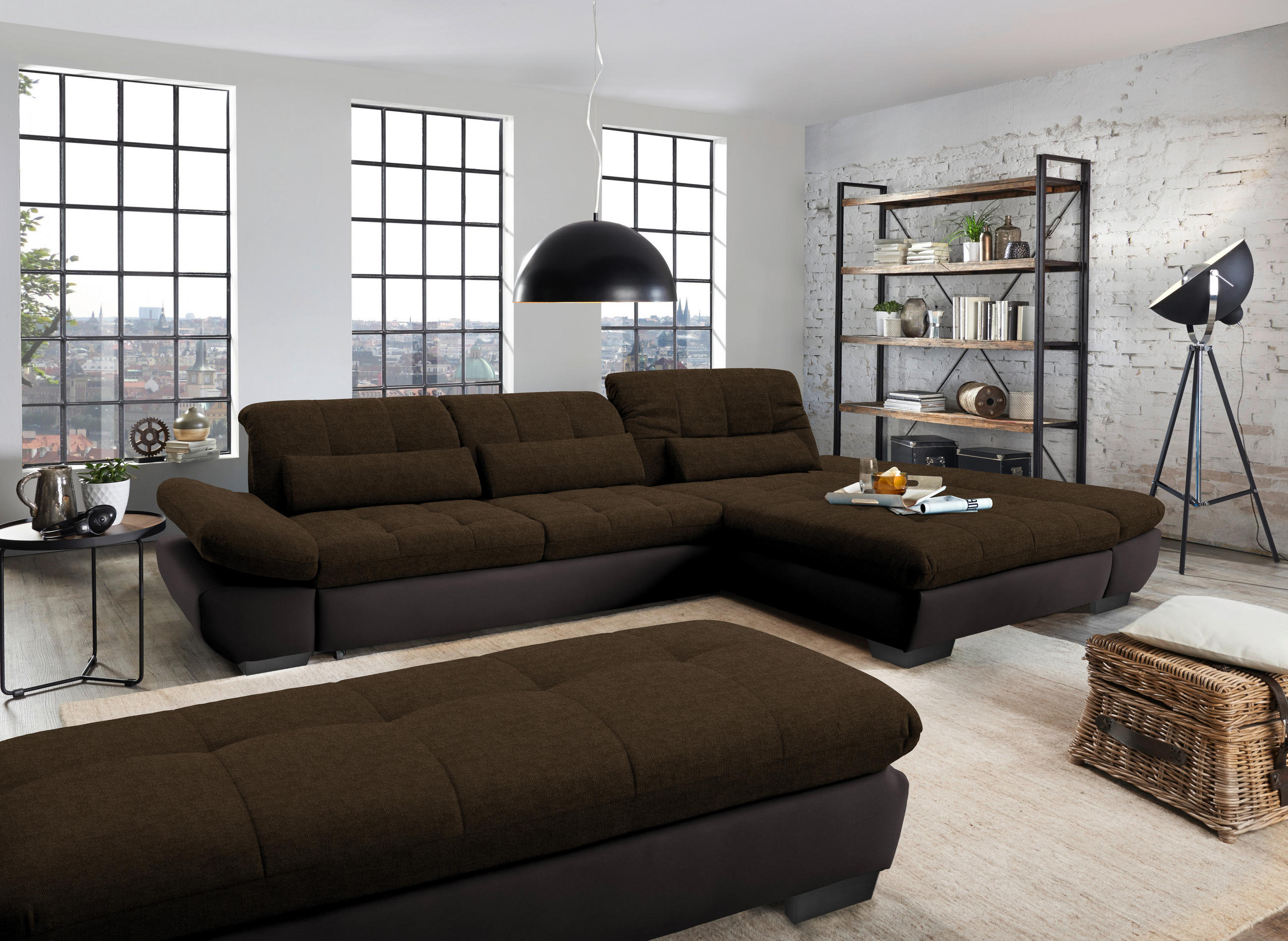 ECKSOFA in Mikrofaser Braun  - Schwarz/Braun, Design, Textil/Metall (341/204cm) - Xora