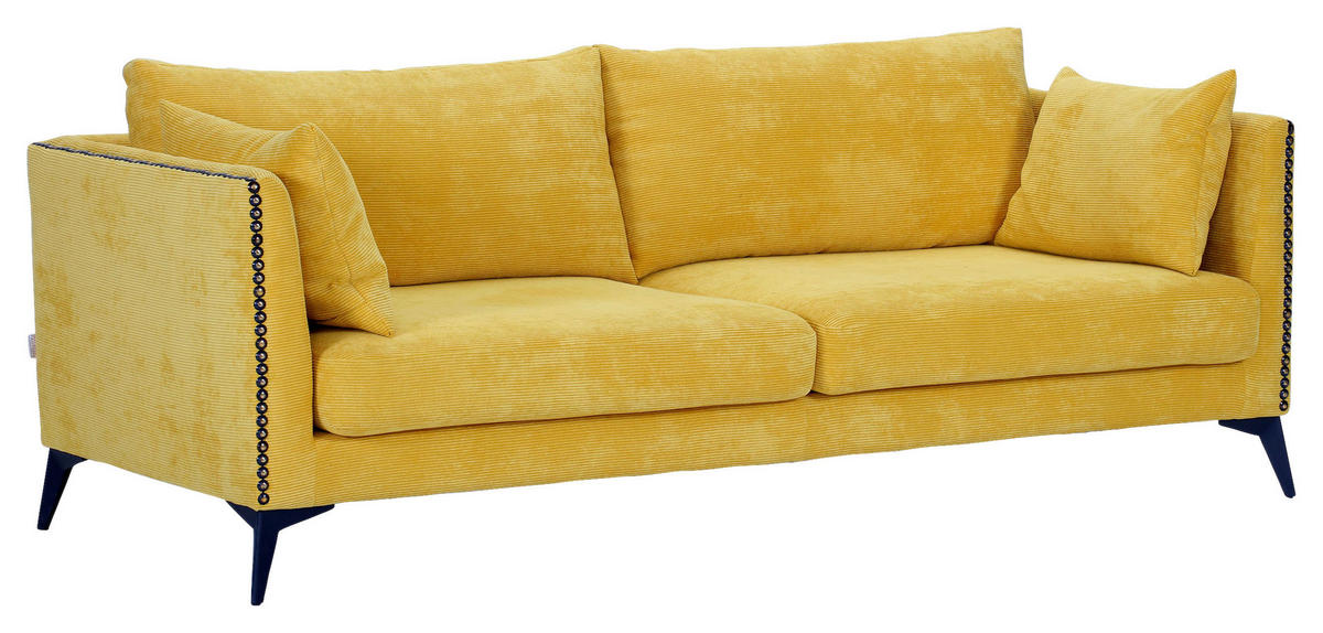 SOFA in Cord Gelb  - Gelb/Schwarz, Design, Textil/Metall (210/70/100cm) - Ambia Home