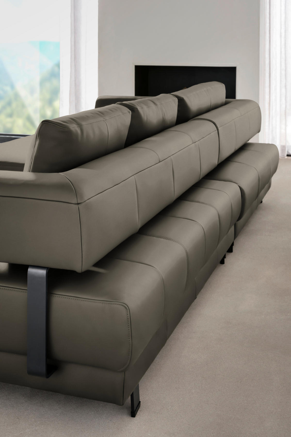 ECKSOFA in Echtleder Graubraun  - Graubraun/Schwarz, Design, Leder/Metall (188/307cm)
