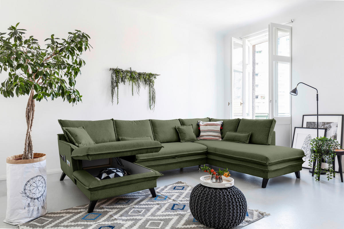 SJEDEĆA GARNITURA tekstil  zelena   - zelena/crna, Design, tekstil/drvo (150/300/200cm) - P & B