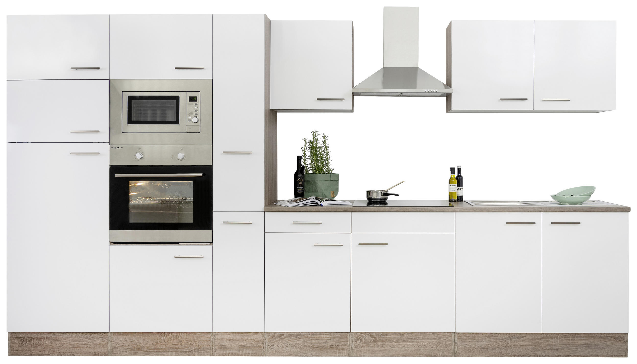 KÜCHENBLOCK 360 cm   in Weiß, Eichefarben  - Edelstahlfarben/Eichefarben, Design, Holzwerkstoff/Metall (360cm) - Respekta