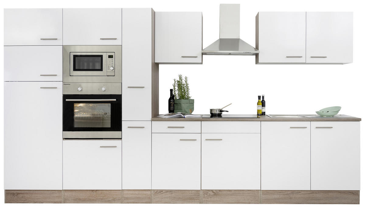 KÜCHENBLOCK 360 cm   in Weiss, Eichefarben  - Weiss/Edelstahlfarben, Design, Holzwerkstoff/Metall (360cm) - Respekta