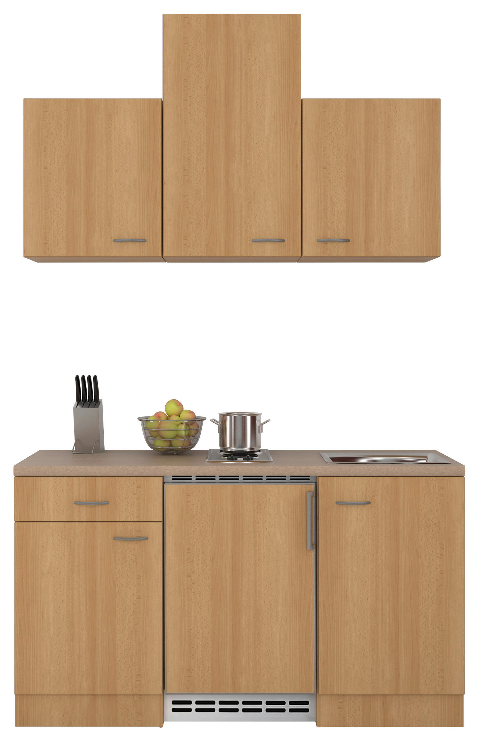 MINIKÜCHE 150 cm   in Buchefarben  - Edelstahlfarben/Beige, MODERN, Holzwerkstoff/Kunststoff (150cm) - FlexWell