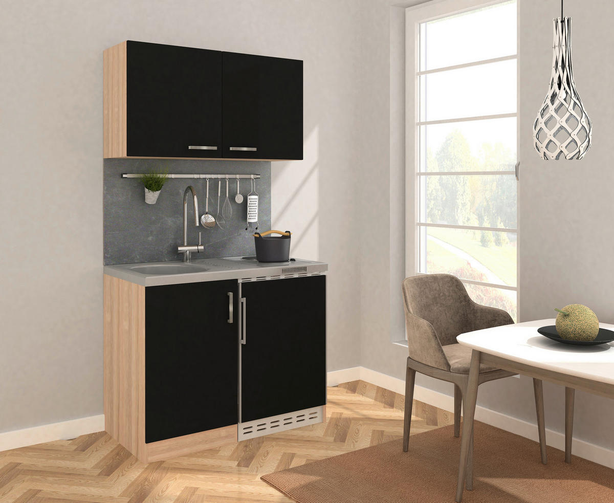 MINIKÜCHE 100 cm   in Schwarz, Sonoma Eiche  - Edelstahlfarben/Eichefarben, Modern, Holzwerkstoff/Kunststoff (100cm) - Respekta