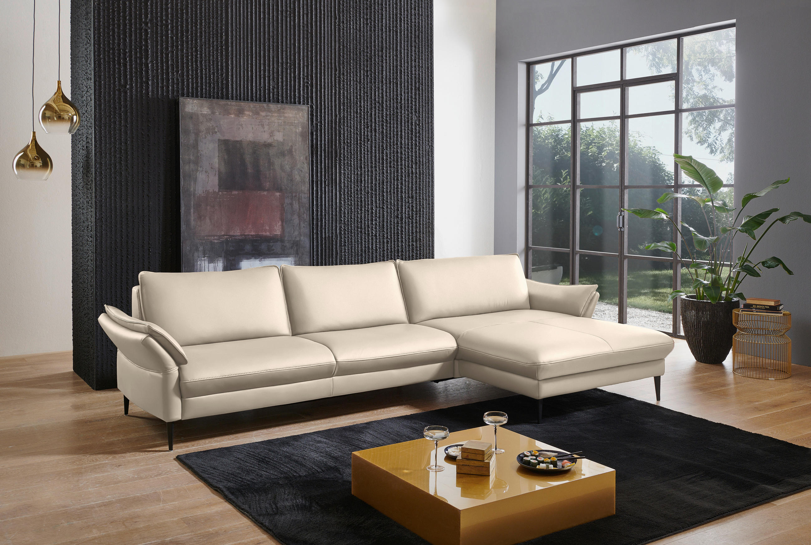 ECKSOFA in Echtleder Ecru  334/172 cm  - Ecru/Schwarz, Design, Leder/Metall (334/172cm) - Valdera