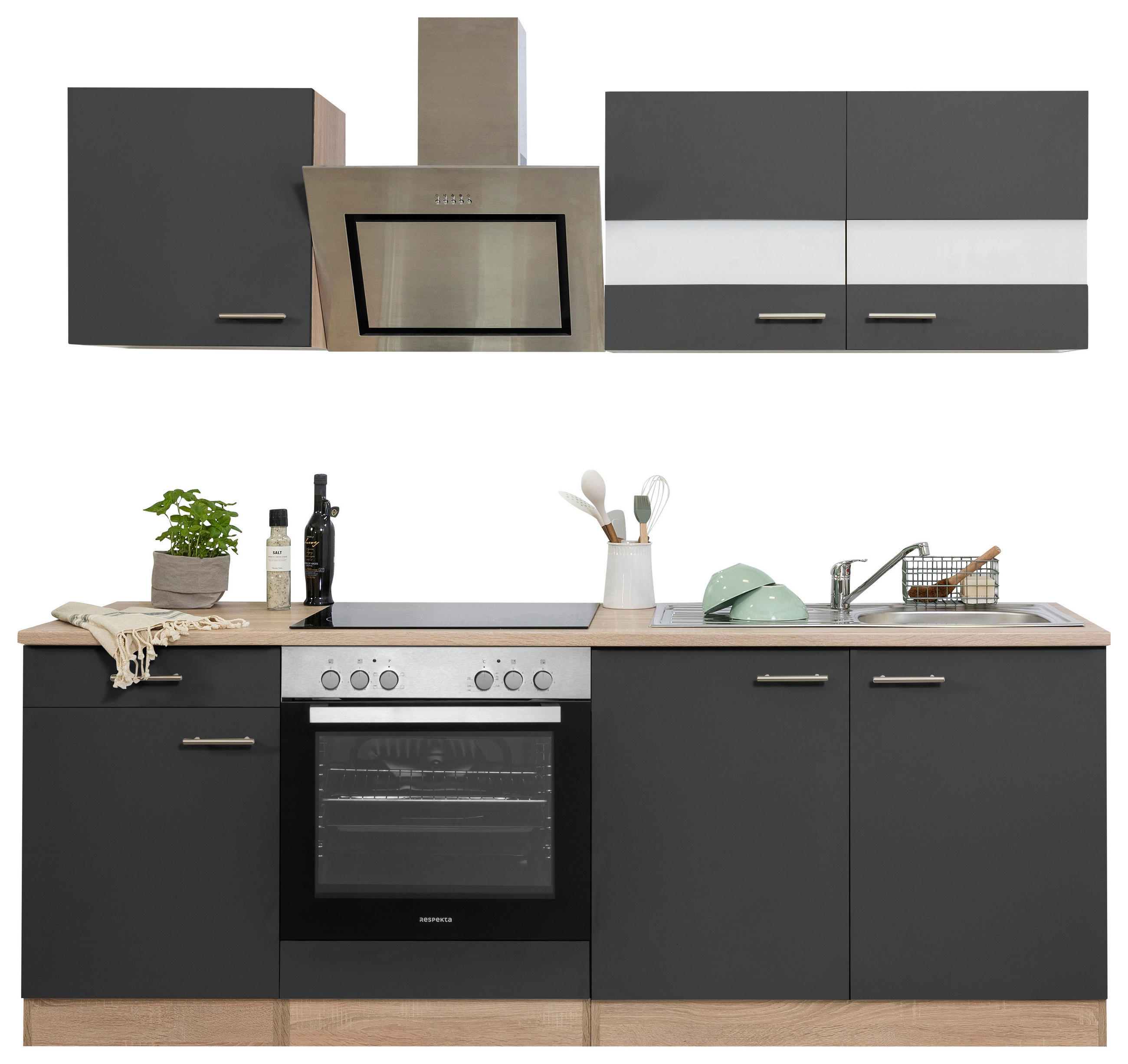 KÜCHENBLOCK 210 cm in Grau - Edelstahlfarben/Eichefarben, Basics, Holzwerkstoff/Metall (210cm) - Respekta