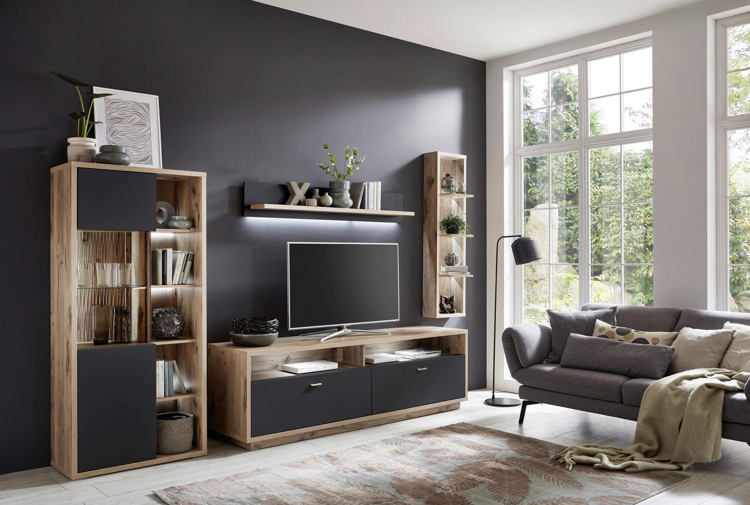 WOHNWAND Eichefarben, Dunkelgrau Einlegeböden - Eichefarben/Dunkelgrau, Design, Glas/Holzwerkstoff (329/206/50cm) - Stylife