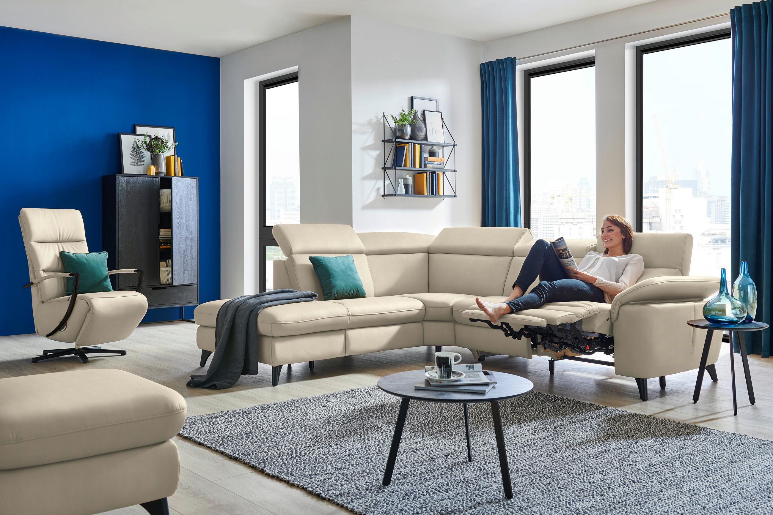 ECKSOFA in Echtleder Creme  - Creme/Schwarz, Design, Leder/Metall (239/285cm) - Cantus
