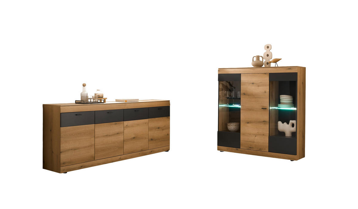 WOHNWAND 2-teilig  in Graphitfarben, Eichefarben   - Eichefarben/Graphitfarben, Design, Glas/Holzwerkstoff - MID.YOU