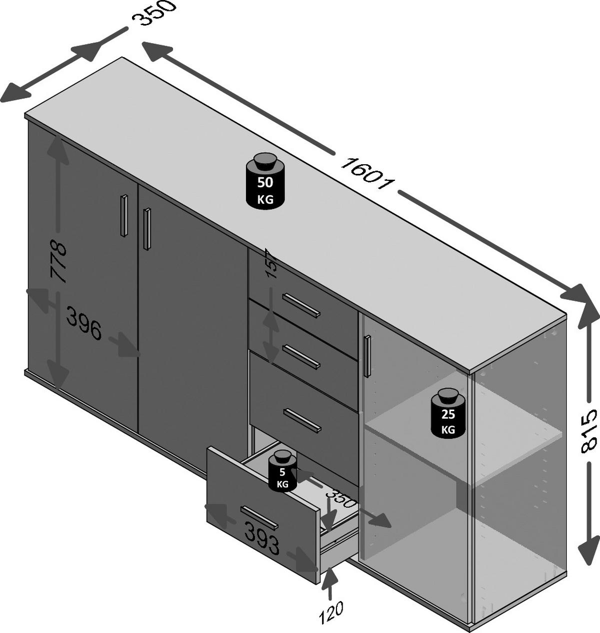 KOMMODE  in 160/83/35 cm  - Silberfarben, KONVENTIONELL, Holzwerkstoff/Kunststoff (160/83/35cm) - MID.YOU