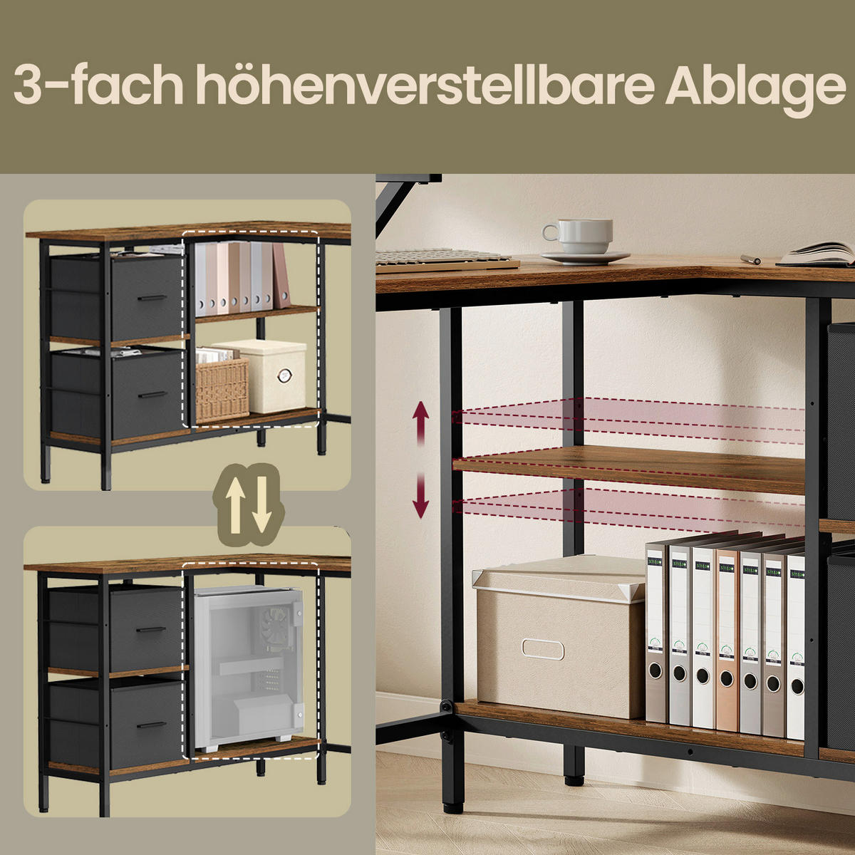 ECKSCHREIBTISCH 115/105/89,5 cm  höhenverstellbar, Stauraum, justierbare Füße  - Schwarz, Basics, Holzwerkstoff/Textil (115/105/89,5cm) - Boxxx