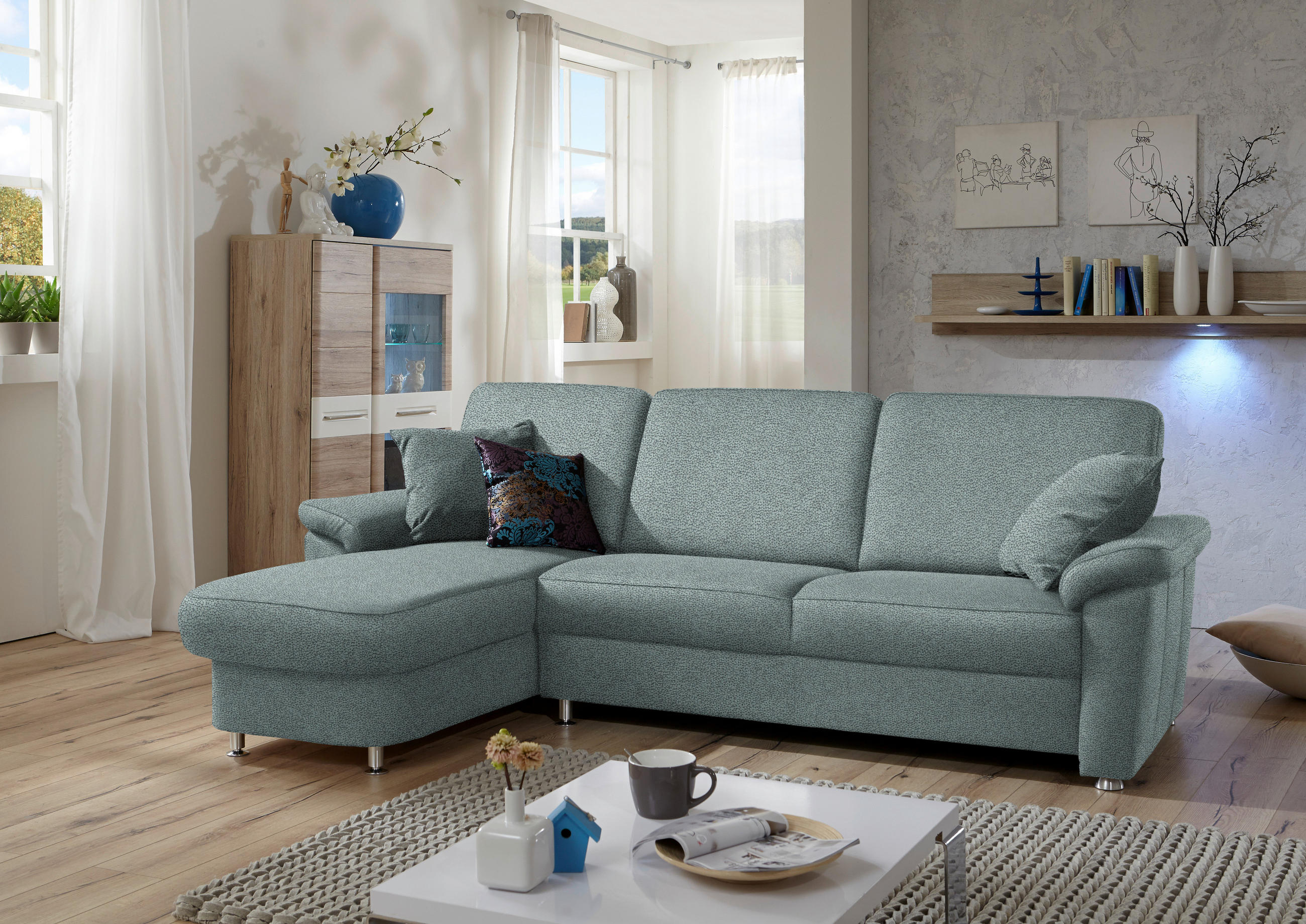 ECKSOFA in Flachgewebe Salbeigrün  - Chromfarben/Salbeigrün, Konventionell, Textil/Metall (163/250cm) - Beldomo System