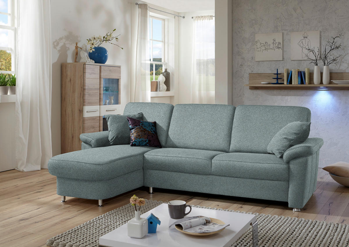 ECKSOFA in Flachgewebe Salbeigrün  - Chromfarben/Salbeigrün, Konventionell, Textil/Metall (163/250cm) - Beldomo System
