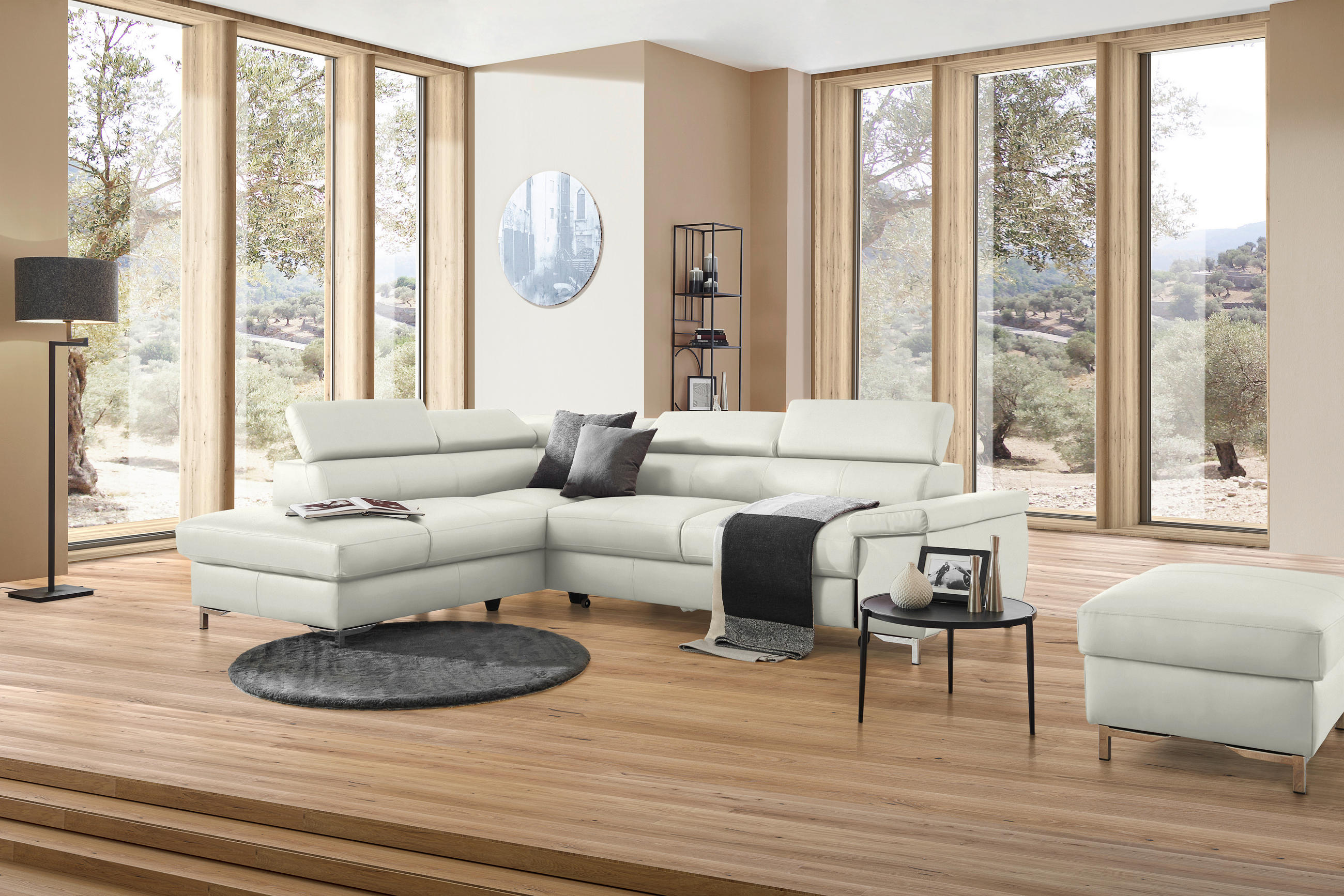 ECKSOFA in Echtleder Hellgrau  - Chromfarben/Hellgrau, Design, Leder/Metall (213/268cm) - Stylife