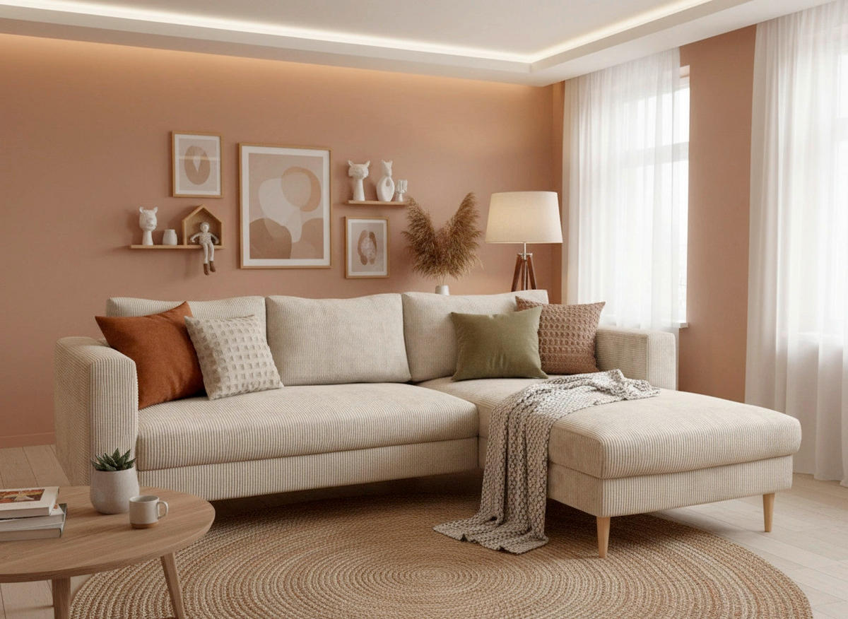 ECKSCHLAFSOFA  mit Rücken echt, Armteil links, Armteil rechts Cord Creme  - Buchefarben/Creme, MODERN, Holz/Textil (232/161cm) - Trendmanufaktur