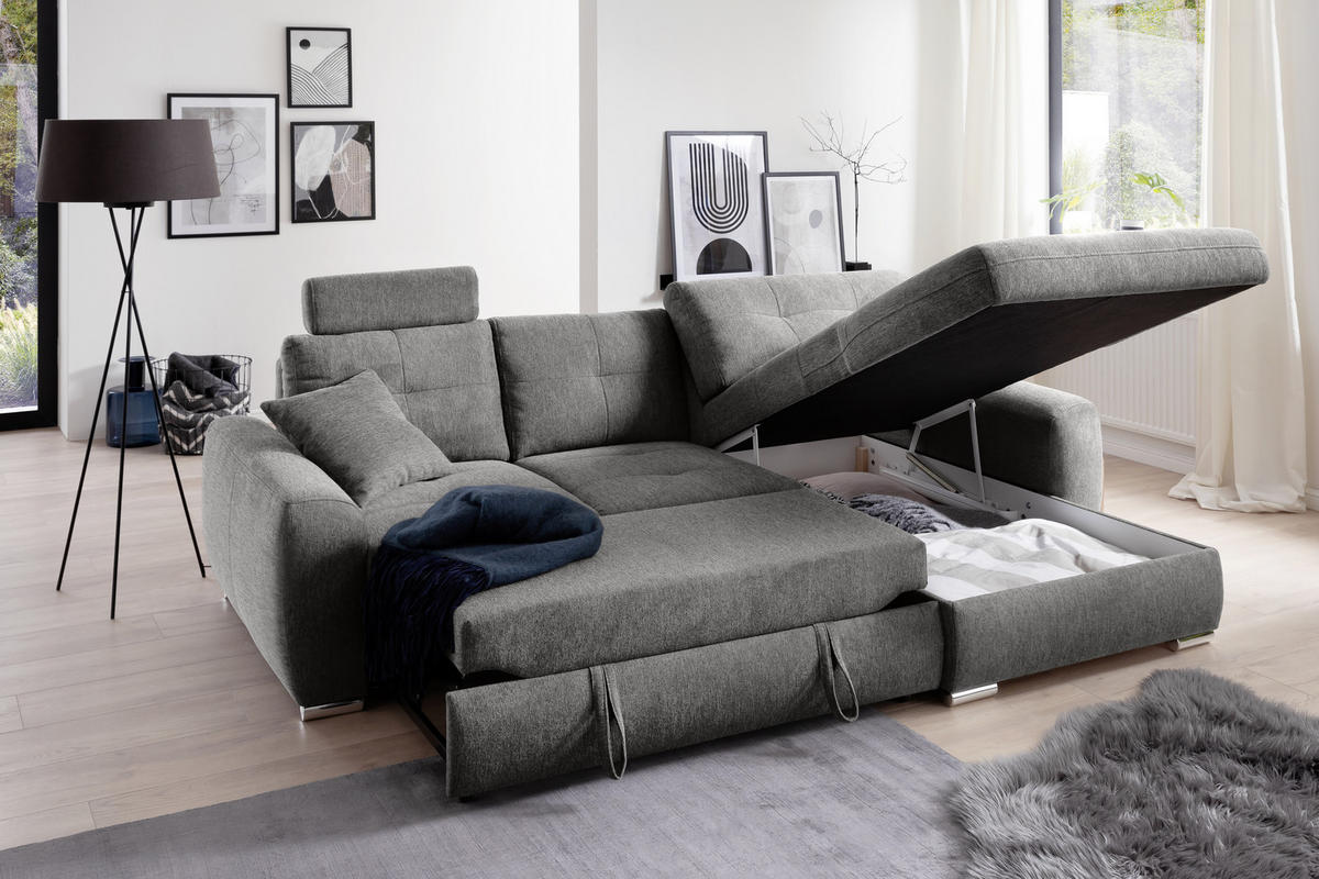 ECKSOFA in Mikrofaser Grau  - Chromfarben/Grau, Modern, Kunststoff/Textil (276/193cm) - Hom`in