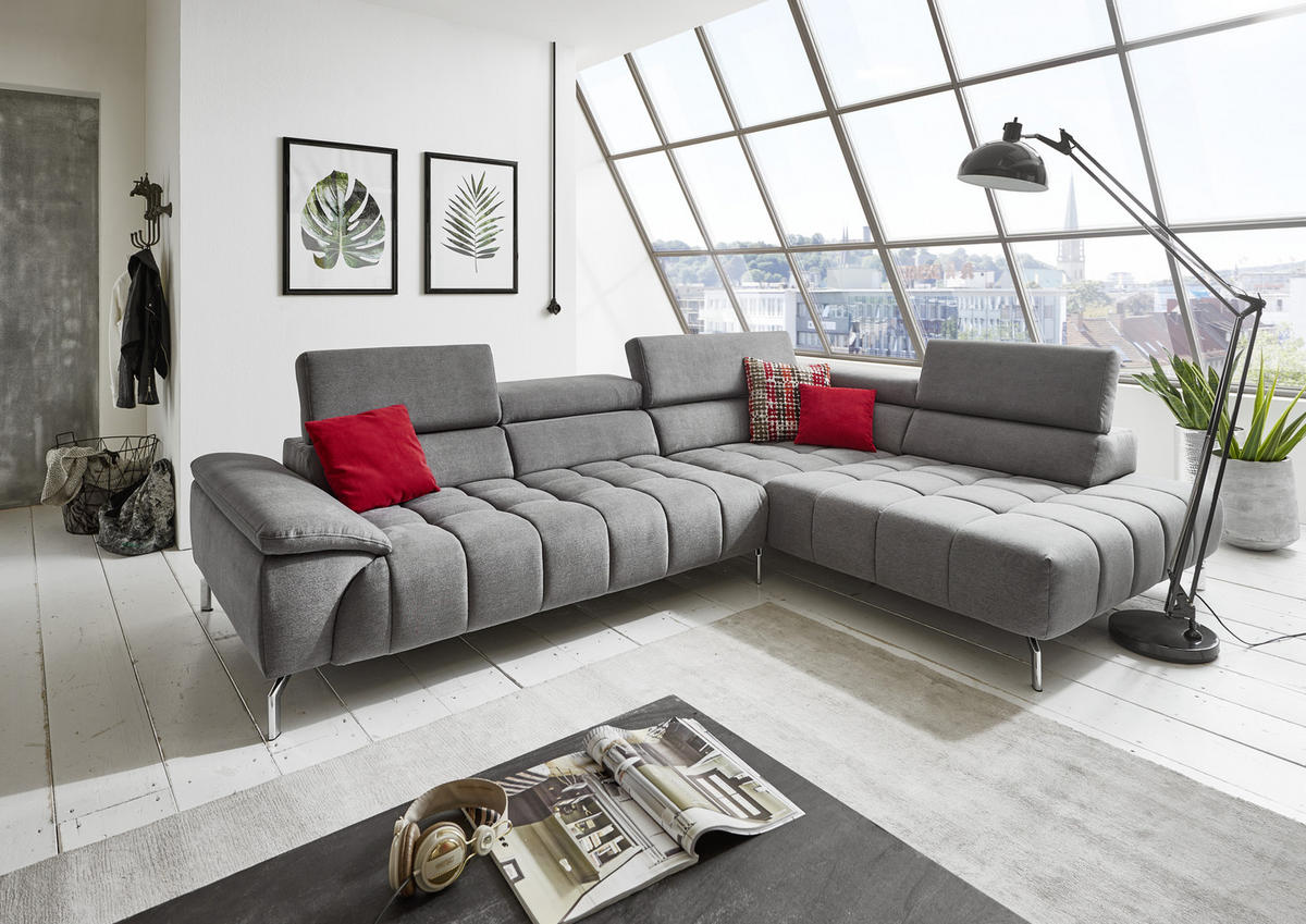 ECKSOFA Grau Chenille  - Chromfarben/Grau, Design, Textil/Metall (323/222cm) - Beldomo Style