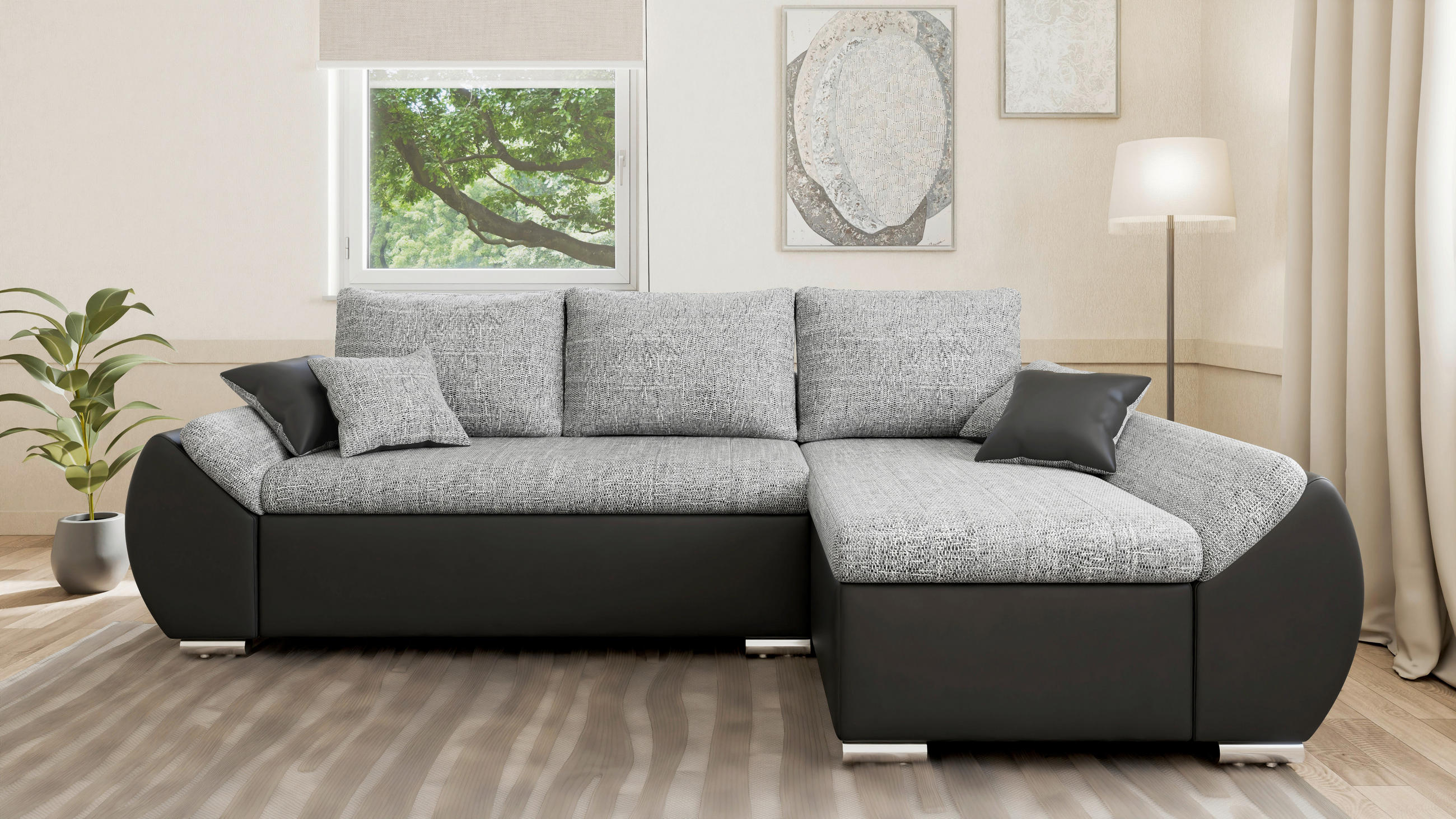 ECKSOFA  AURO Grau, Schwarz  - Silberfarben/Schwarz, Design, Kunststoff/Textil (275/155cm) - MID.YOU