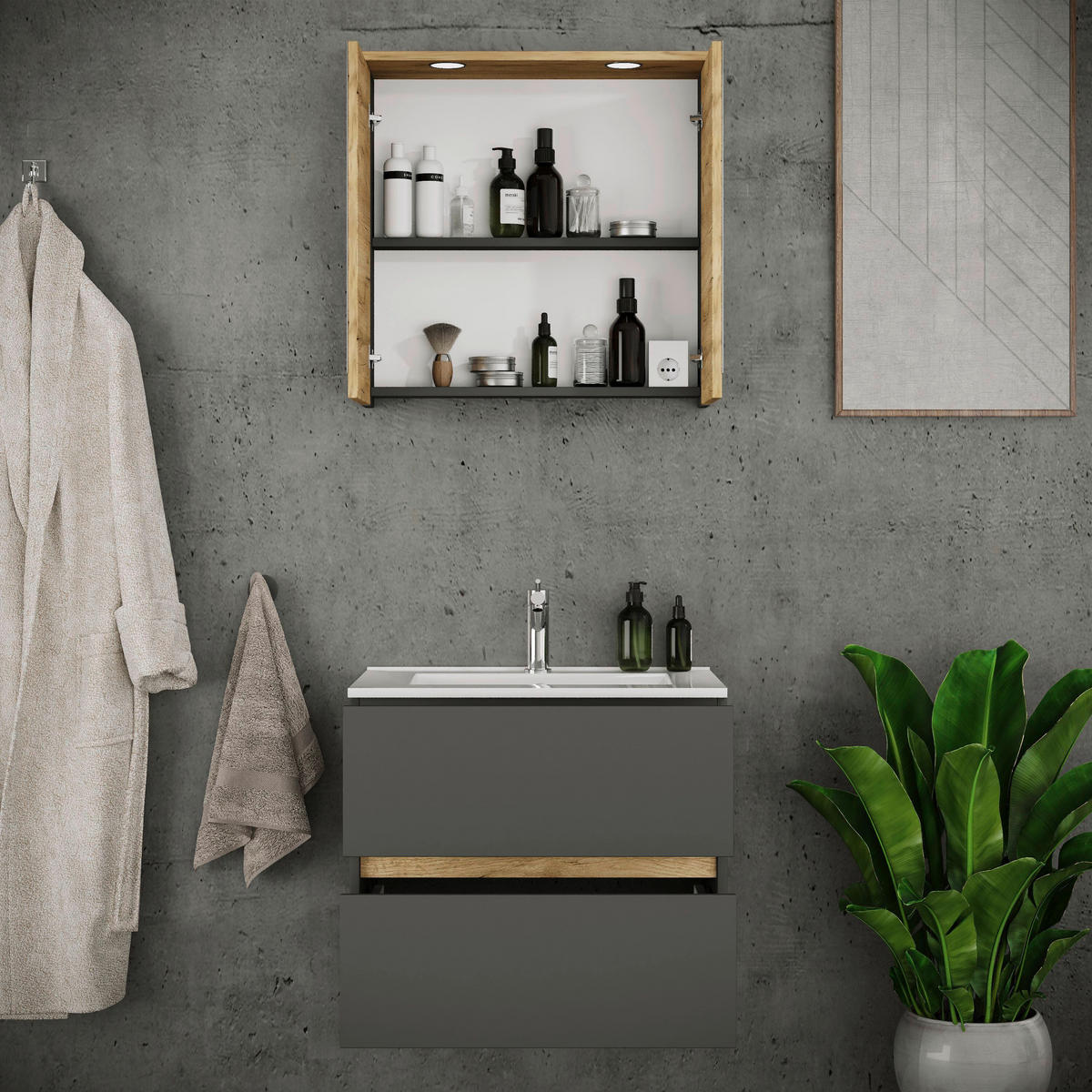 BADEZIMMER 3-teilig 61 cm  - Honigeiche/Weiss, Trend, Keramik/Holzwerkstoff (61cm) - MID.YOU